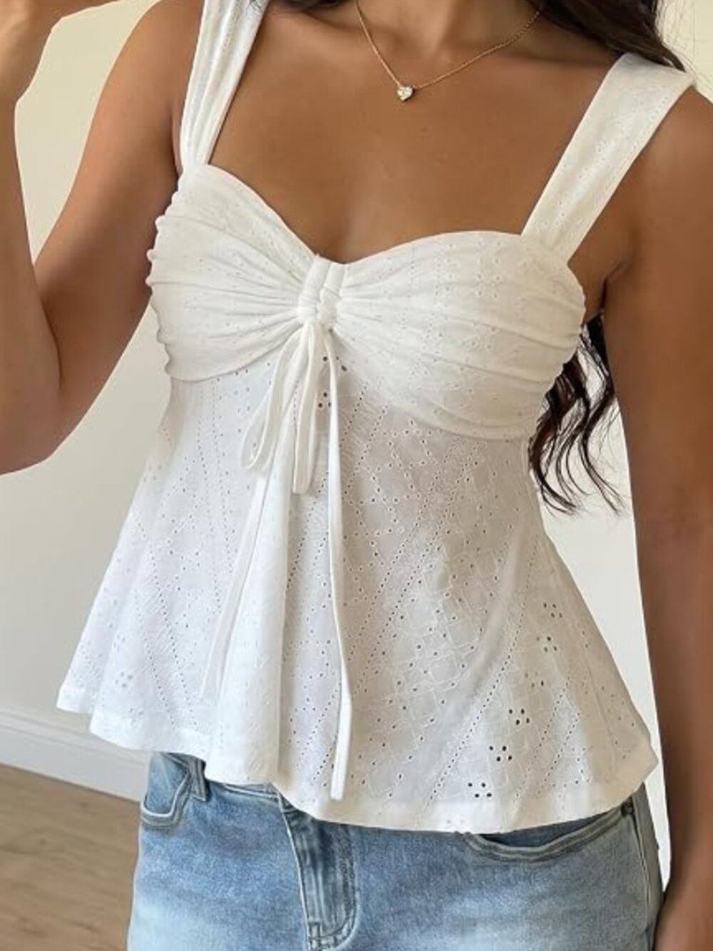 Babydoll Eyelet Sweatheart Neck Peplum Top with Wide Straps